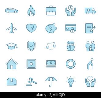 Insurance flat vector icons in two colors isolated on white background. Insurance blue icon set for web design, ui, mobile apps and print Stock Vector