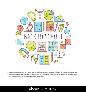 Back to school round banner in line style with place for text. Vector illustration. Stock Vector