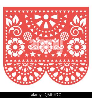 Papel Picado red vector floral design with abstract shapes, retro Mexican paper cutout pattern, traditional fiesta banner - greeting card or party dec Stock Vector