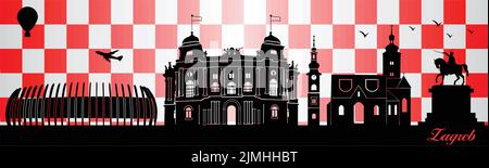 Zagreb city skyline silhouette - illustration,  Town in checkerboard background Stock Vector