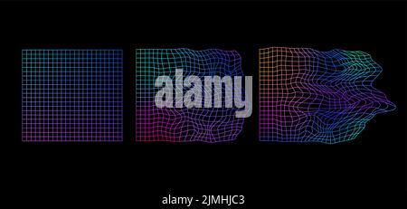 Set of distorted grid backgrounds in vaporwave or 90s style with colorful gradient. Wave bent graphic grid for music cover design. Stock Vector