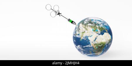 Medical syringe with a needle vaccinated the planet Earth. 3D rendering. Elements of this image furnished by NASA. Stock Photo