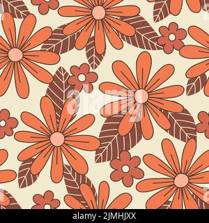 Colorful Large Scale Hand-Drawn Floral Daisies Vector Seamless Pattern. Retro 70s Style Stock Vector