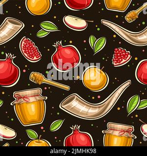 Vector Rosh Hashanah seamless pattern, square repeating background with set of cut out illustrations of pomegranate slice, farm honey jar, apple with Stock Vector