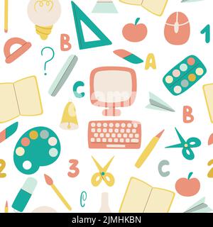 School stationery and appliances seamless pattern. Background study and education vector illustration. Print with school supplies, computer, numbers Stock Vector