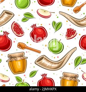 Vector Rosh Hashanah seamless pattern, square repeating background with set of cut out illustrations of pomegranate slice, farm honey jar, apple with Stock Vector