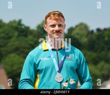 Dartmouth, Canada. August 6th, 2022. Silver Medalist Jean Westhuyzen from Australia on the podium receiving his medal in the K1 Men 500m event. The 2022 ICF Canoe Sprint and Paracanoe World Championships takes place on Lake Banook in Dartmouth (Halifax). Credit: meanderingemu/Alamy Live News Stock Photo