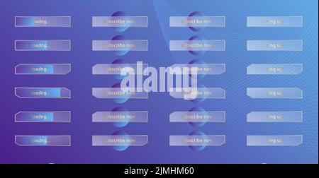 Glass morphism effect. Set of transparent frosted acrylic buttons and loading bars. Blue gradient circles on violet background. Realistic Stock Vector