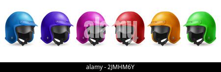 Motorcycle helmet for moto race and ride on scooter. Vector realistic set illustrations of 3d retro color helmets with visor and black glasses in angl Stock Vector