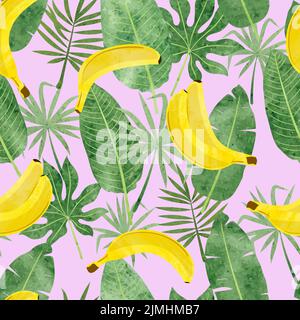 Seamless tropic pattern with bananas and leaves. Vector summer fruit illustration. Stock Vector