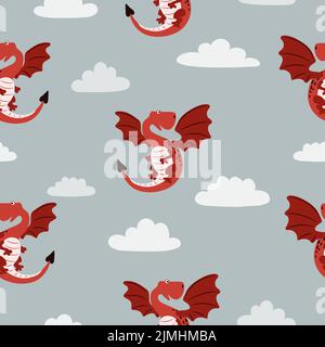 Seamless cute flying dragon pattern. Vector cartoon illustration. Stock Vector