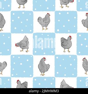 Seamless farm chicken pattern with hens. Vector checked background. Stock Vector