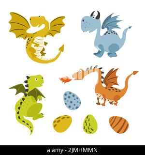 Cute cartoon dragons set. Funny animal characters isolated on white. Vector illustration Stock Vector