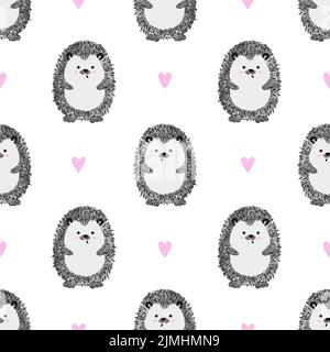 Seamless pattern with cute watercolor hedgehogs and hearts. Vector illustration for kids. Stock Vector