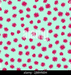 Camomile seamless vector pattern. Hand-drawn pink flowers with yellow centers on blue background. Botanical ornament. Cute plant illustration for wall Stock Vector