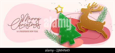 Christmas greeting vector design. Merry christmas text in abstract background with deer and tree craft elements for xmas messages decoration. Stock Vector