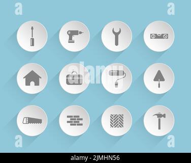 construction vector icons on round puffy paper circles with transparent shadows on blue background. Stock vector icons for web, mobile and user interf Stock Vector