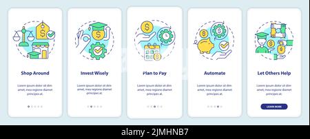 Saving for college tips onboarding mobile app screen Stock Vector