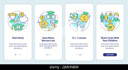 Tips for saving for college onboarding mobile app screen Stock Vector