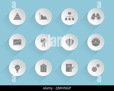 data analytics vector icons on round puffy paper circles with transparent shadows on blue background. Stock vector icons for web, mobile and user inte Stock Vector