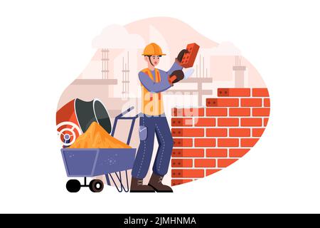 Man builder with trowel laying bricks in the wall Illustration concept on white background Stock Vector