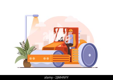 Worker using road roller makes paving on highway or street Illustration concept on white background Stock Vector