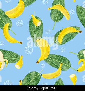 Seamless banana leaves and bananas fruit pattern. Vector watercolor illustration. Stock Vector