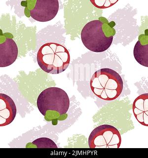 Seamless mangosteen fruit pattern. Exotic fruit watercolor vector illustration Stock Vector