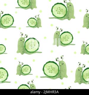 Seamless vector green pattern with watercolor cute cartoon snail and cucumber Stock Vector