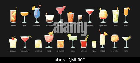 Vector set of classic alcoholic cocktails. Flat style. Stock Vector