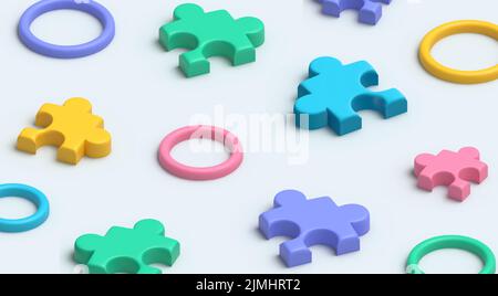 Trendy horizontal background with colorful 3d random puzzle pieces and rings. Close-up of multi colored jigsaw puzzle. 3d rendering. Digital banner Stock Vector