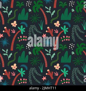 Tropic plants pattern, various reinforest trees and foliage, hanging lianas, palmtree. Seamless print with botanical elements. Exotic forest plants Stock Vector