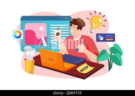 Artist drawing on graphic tablet drinking coffee Stock Vector