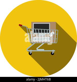 Shopping Cart With PC Icon. Flat Circle Stencil Design With Long Shadow. Vector Illustration. Stock Vector