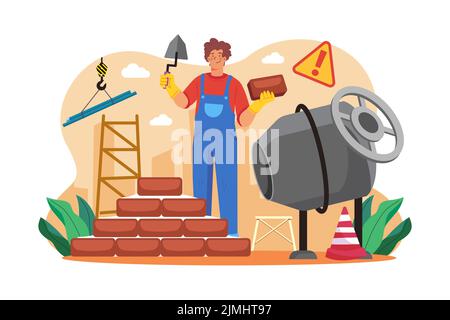 Man builder with trowel laying bricks in wall Stock Vector