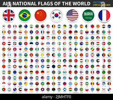 All national flags of the world . Circular flag with frame and country name . Vector . Stock Vector