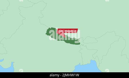 Map of Nepal with pin of country capital. Nepal Map with neighboring countries in green color. Stock Vector