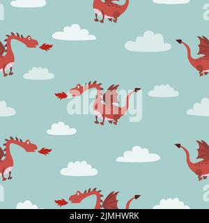 Seamless cute dragon pattern. Vector cartoon illustration. Stock Vector