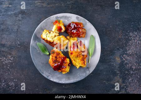 Traditional deep-fried gnocchi with spicy sauce served as top view on a modern design plate with copy space Stock Photo