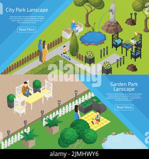 Horizontal banners of public relaxation place city and garden parks landscapes isometric vector illustration Stock Vector