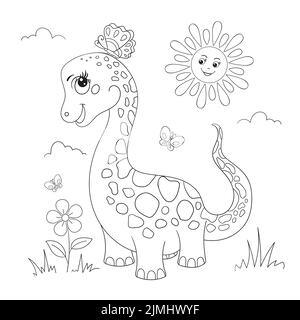 Cute cartoon dinosaur with a butterfly. Black and white linear image. For children Stock Vector