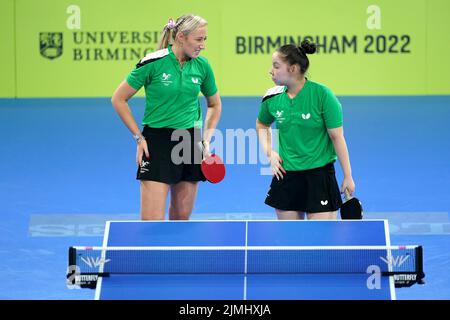 Wales' Charlotte Carey and Anna Hursey in action during their match against India's Manika Batra and Parag Diya Chitale during the Table Tennis Women's Doubles - Quarter-Final 1 matchat The NEC on day nine of the 2022 Commonwealth Games in Birmingham. Picture date: Saturday August 6, 2022. Stock Photo