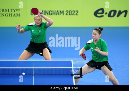 Wales' Charlotte Carey and Anna Hursey in action during their match against India's Manika Batra and Parag Diya Chitale during the Table Tennis Women's Doubles - Quarter-Final 1 matchat The NEC on day nine of the 2022 Commonwealth Games in Birmingham. Picture date: Saturday August 6, 2022. Stock Photo