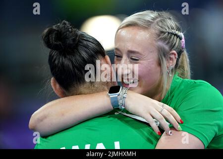 Wales' Charlotte Carey and Anna Hursey celebrate against India's Manika Batra and Parag Diya Chitale during the Table Tennis Women's Doubles - Quarter-Final 1 matchat The NEC on day nine of the 2022 Commonwealth Games in Birmingham. Picture date: Saturday August 6, 2022. Stock Photo
