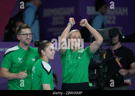 Wales' Charlotte Carey and Anna Hursey celebrate against India's Manika Batra and Parag Diya Chitale during the Table Tennis Women's Doubles - Quarter-Final 1 matchat The NEC on day nine of the 2022 Commonwealth Games in Birmingham. Picture date: Saturday August 6, 2022. Stock Photo