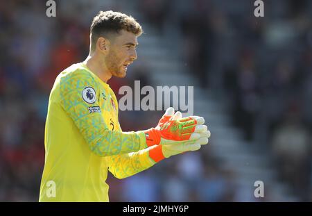 Bournemouth, England, 6th August 2022.  Mark Travers of Bournemouthduring the Premier League match at the Vitality Stadium, Bournemouth. Picture credit should read: Paul Terry / Sportimage