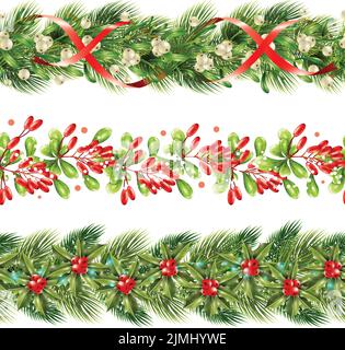 Flat border seamless pattern set with christmas holiday winter berries and ribbons vector illustration Stock Vector