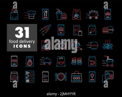 Fast food delivery vector isolated on black background icons set. Graph symbol for cooking web site and apps design, logo, app, UI Stock Vector