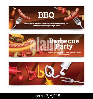 Barbecue party horizontal banners with hot dog skewer hamburger and sauce set vector illustration Stock Vector