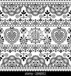 Scandinavian folk art outline vector seamless textile or fabric print, black and white repetitve design with flowers inspired by lace and embroidery b Stock Vector